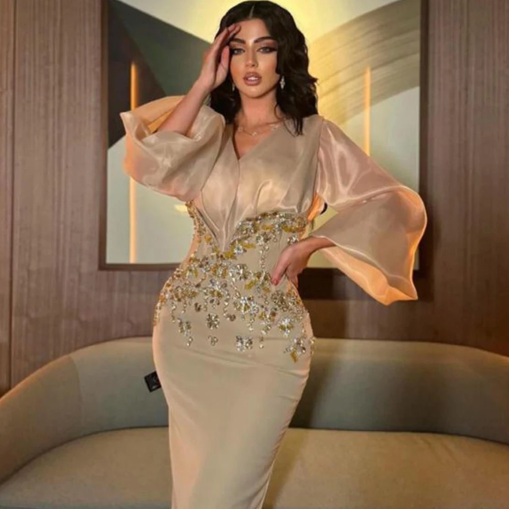 Exquisite V-Neck Jersey Evening Dress Fashion Long Sleeves Mermaid Party Dresses Delicate Appliques Customized Celebrity Gowns