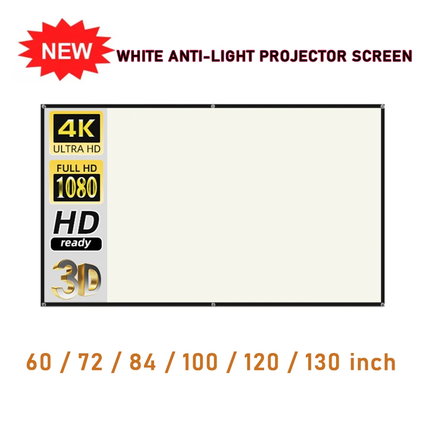 

Projector Screen White Grid Anti-Light 16:9 Portable Reflective Household office 4K HD projection screen cloth 60-130 inch