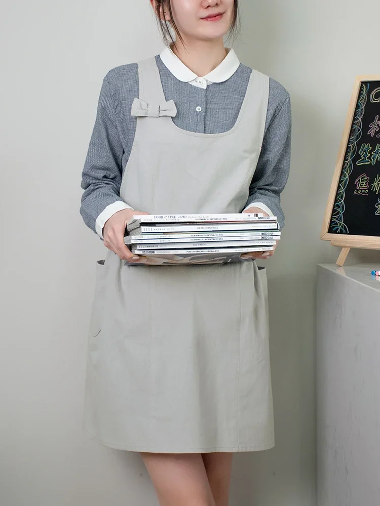 Apron Korean Style Household Kitchen Draw Flower Shop Bow Knot Solid Color Loose Baking Square Collar Pleated Pocket