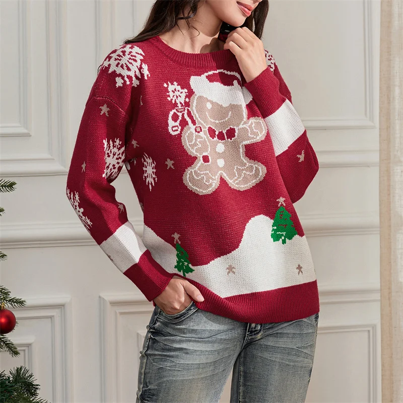 Dourbesty Women Christmas Gingerbread Print Sweaters Long Sleeve Round Neck Loose Casual Pullovers Knitted Tops 2024 Fall Jumper