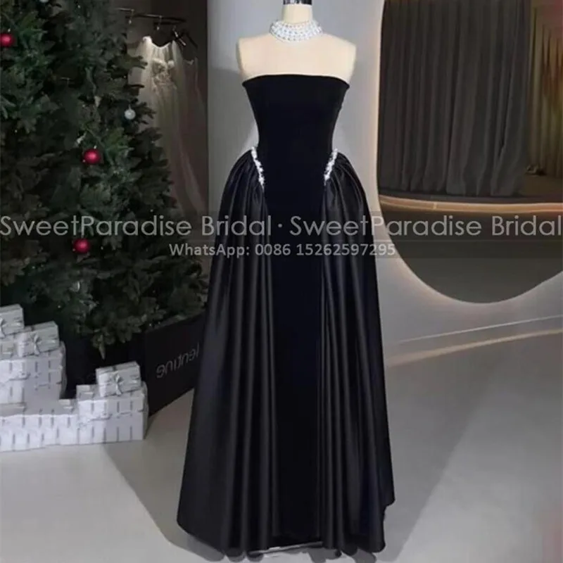 

Elegant Long Evening Dress Puffy A Line Strapless Sleeveless Black Satin Customized Formal Prom Dresses Party For Women