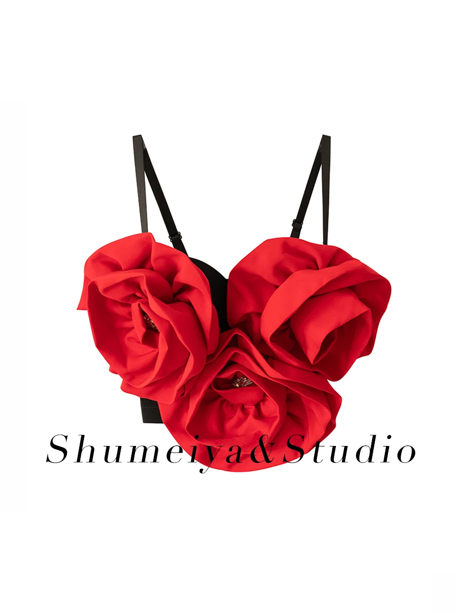 

Handmade Red 3D Flower Svel Top Women's Faionable Crop Tank Top Outdoor Wear Floral Decoration Versatile Sle ort ...