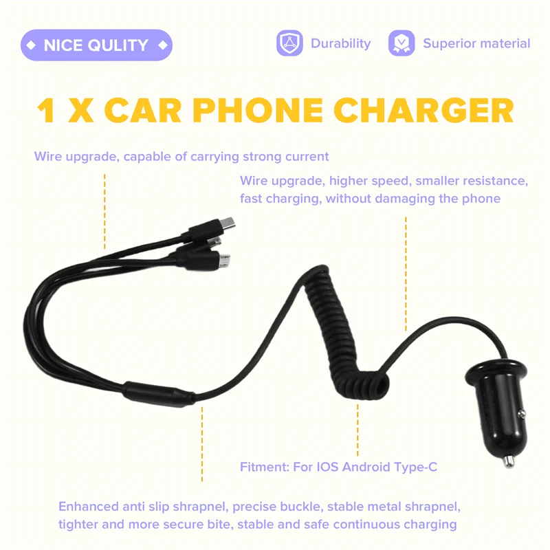 محول شحن الهاتف الآمن 3 واجهة شاحن سيارة عالمي من النوع C لملحقات طاقة السيارات IOS Android #5