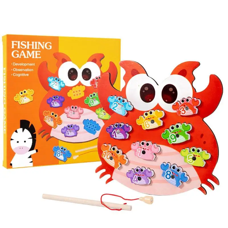 Montessori Wooden Magnetic Fishing Toys Baby Cartoon Crab Games Education Parent-Child Interactive