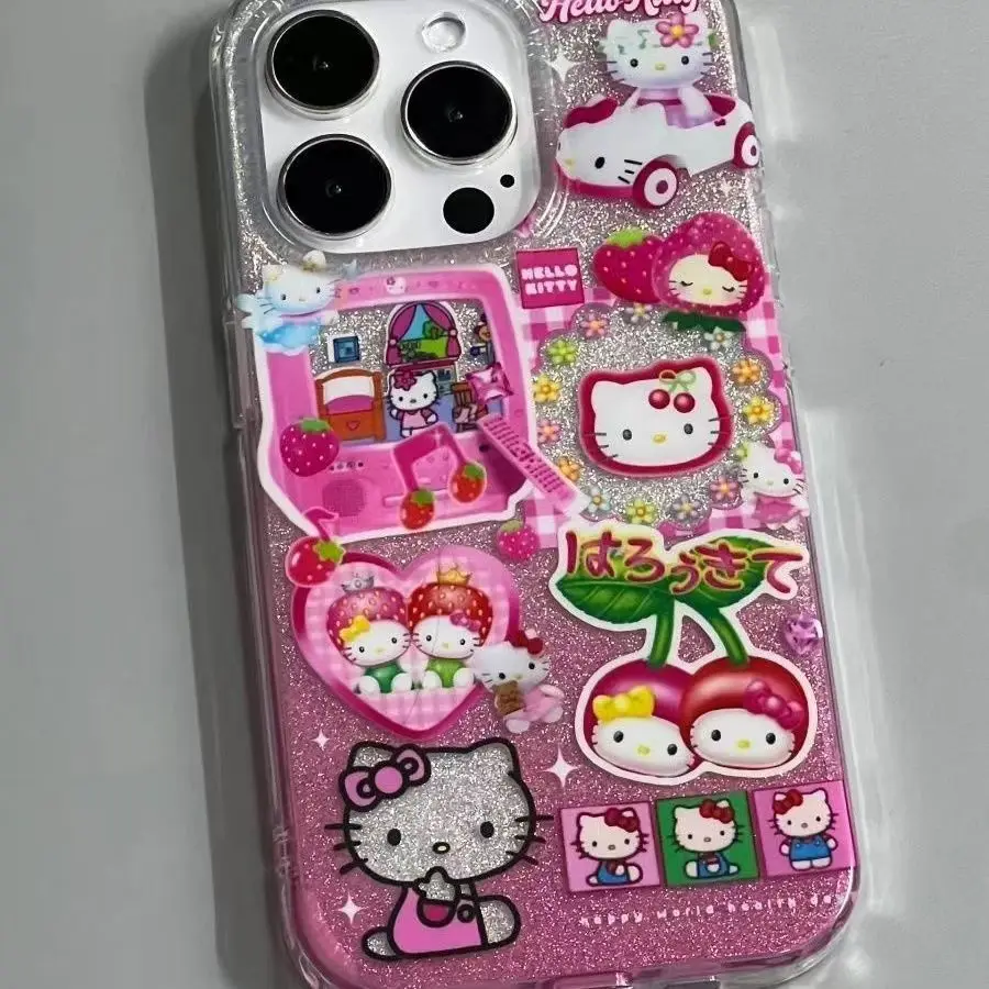 Cute Cartoon Sweet Cool Hello Kitty Bling Glitter Phone Case For iPhone 15 14 13 12 11 Pro Max Shockproof Back Cover