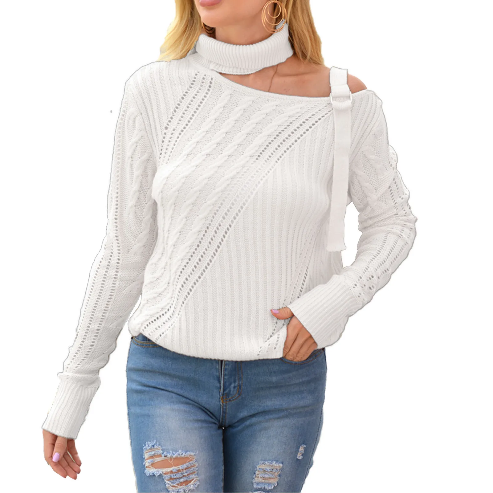 One-shoulder Sweater Winter Hanging Neck Strapless Irregular Long-sleeved Sexy Solid Color Street Hollow Knitted Sweater tops