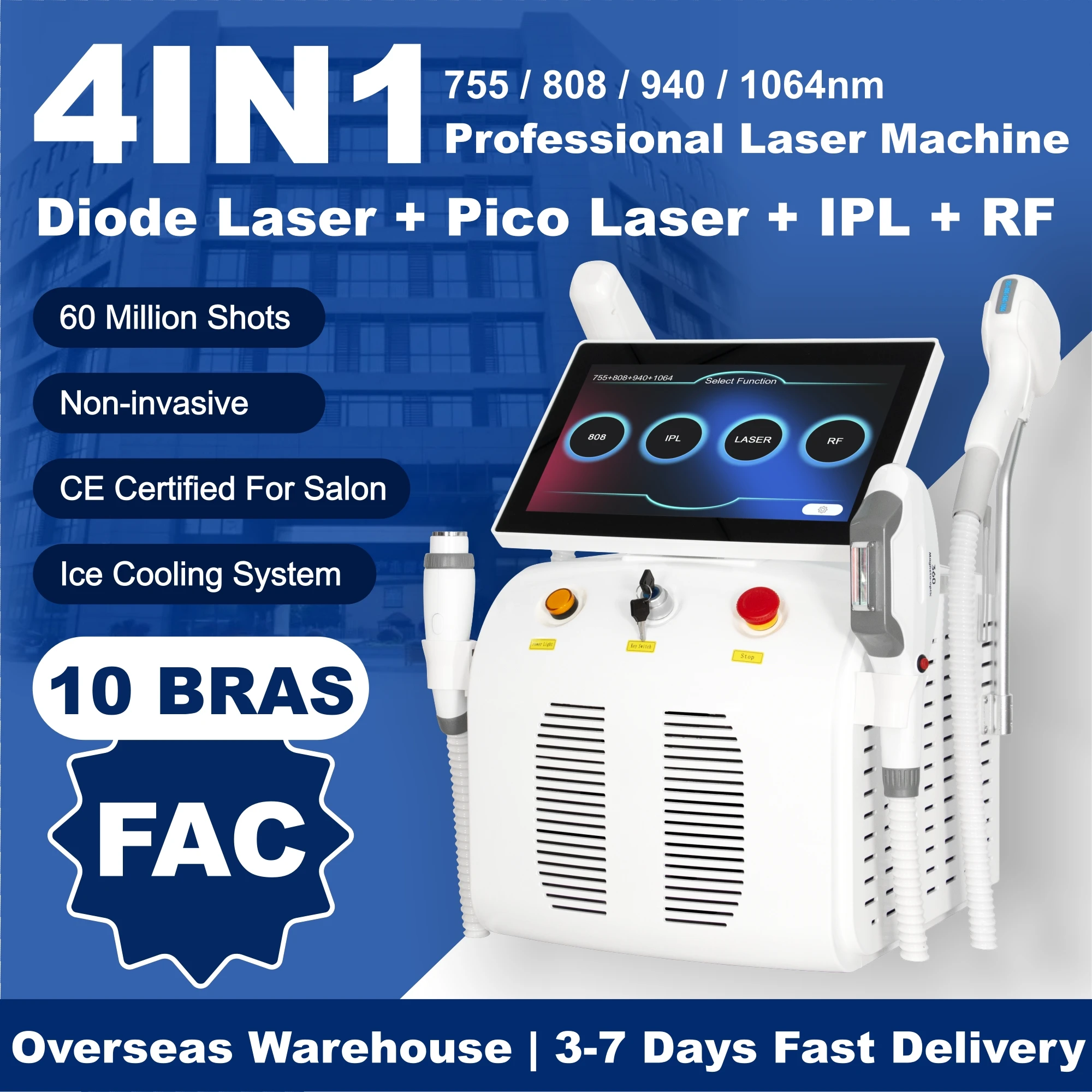 4in1 Soprano Titanium Ice Platinum Diode 4 Wavelength Lase ND:YAG Machine Painless Hair Removal Machine Local Delivery