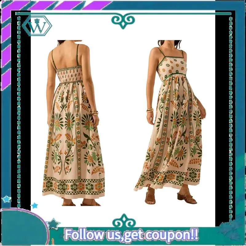 A09P Womens 2025 Summer Floral Maxi Dress Sleeveless Spaghetti Strap Printed Smocked Boho Beach Long Dress