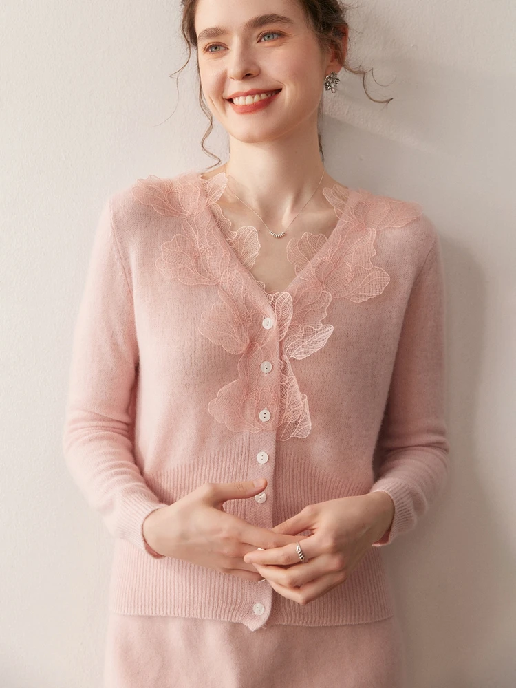 Spring Autumn Women's Cashmere Cardigan Sweater V-neck Lace Leaf Shape 100% Cashmere Knitwear Thin Office Lady High Quality Tops