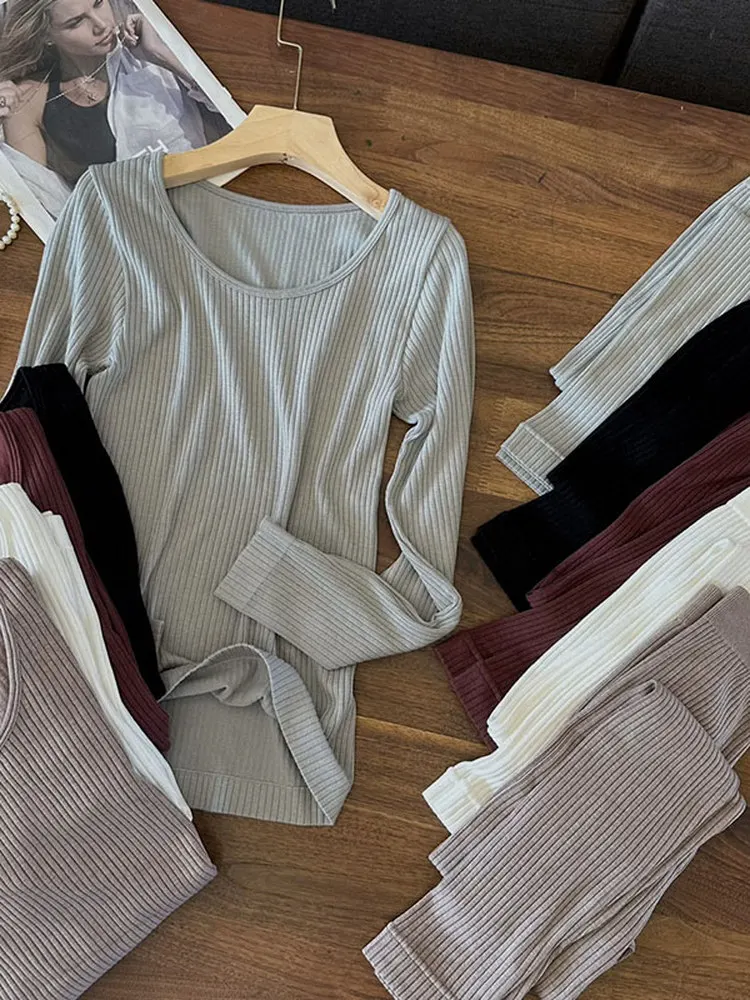 女性用加熱ファイバー熱下着セット長袖ラウンドネック暖かく快適な肌に優しいベースレイヤーシャツパンツ