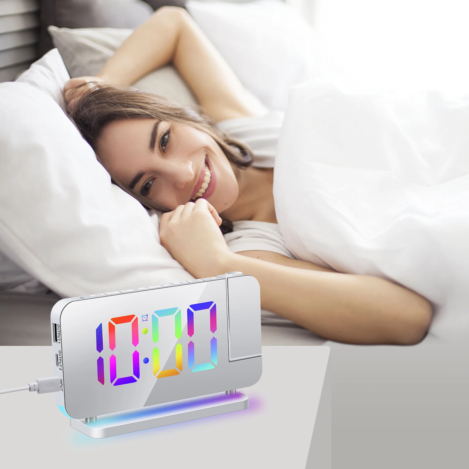 Projection Alarm Clock for Bedroom 7-inch RGB Colorful LED Digital Clock with Mirror Surface 6-level Brightness Dimmer Projector