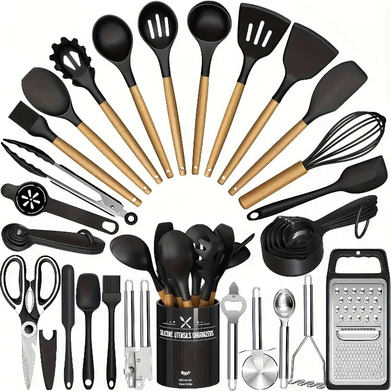 

46pcs Various Colors Nonstick Cookware Set with Silicone Cookware Tools & Stainless Steel Handle Spatulas - Black Kitchen Utensi