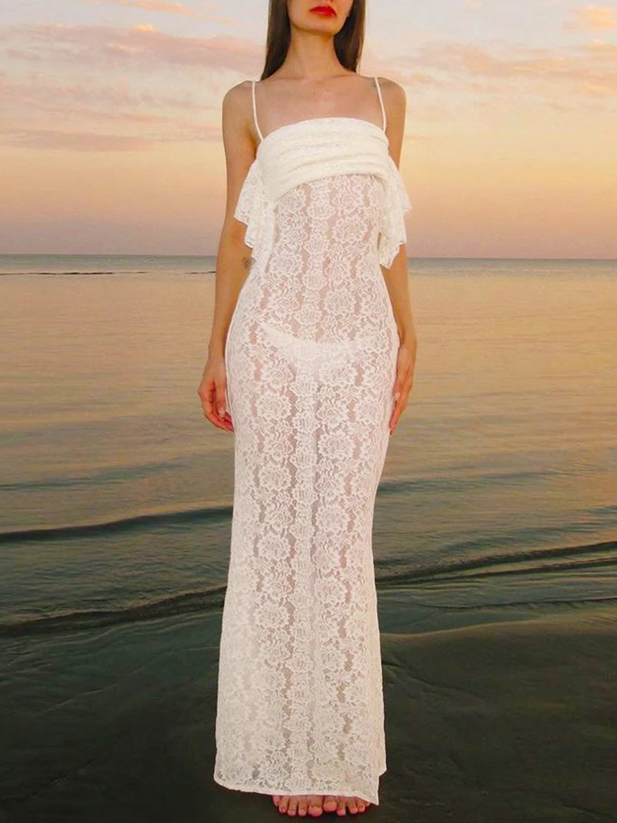 

Women s Summer Long Cami Dress White Sleeveless Backless Sheer Lace Party Dresses