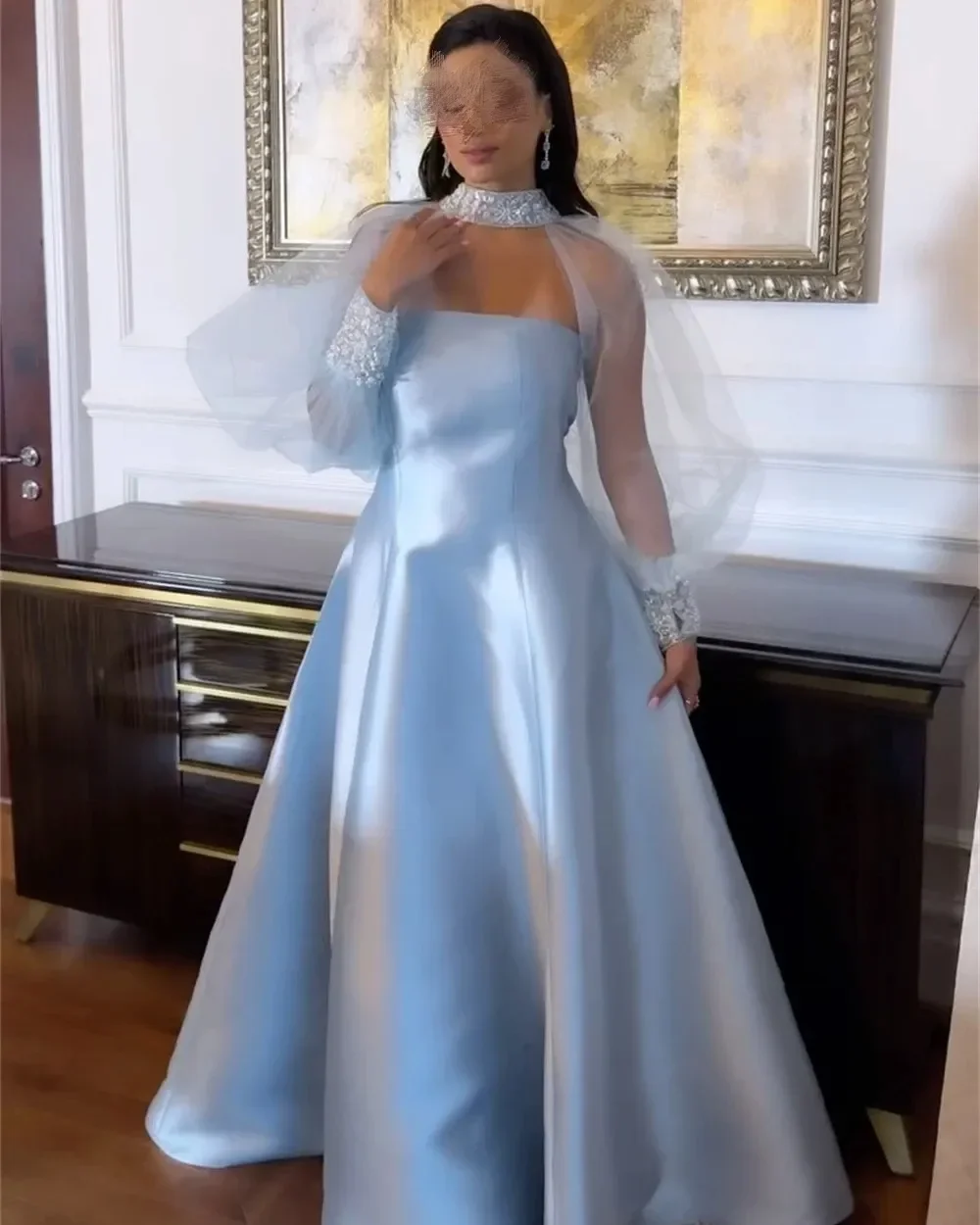 

Customized Sky Blue 2-Piece Arabia Prom Birthday Dress A-Line Sequins Beads Tulle Long Sleeves Floor Length High Neck Evening Fo