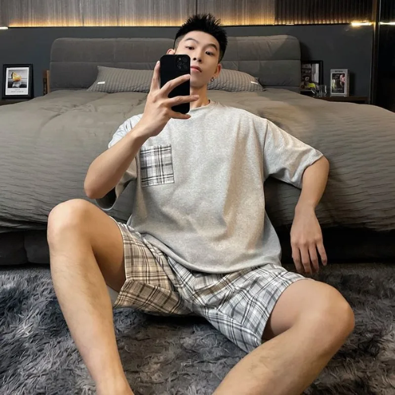 

3XL Korean Men's Pjs Summer Cloud Cotton Short Sleeve Shorts Pajama Set Elegant Homewear Suit Leisure Minimalist Mens Loungewear