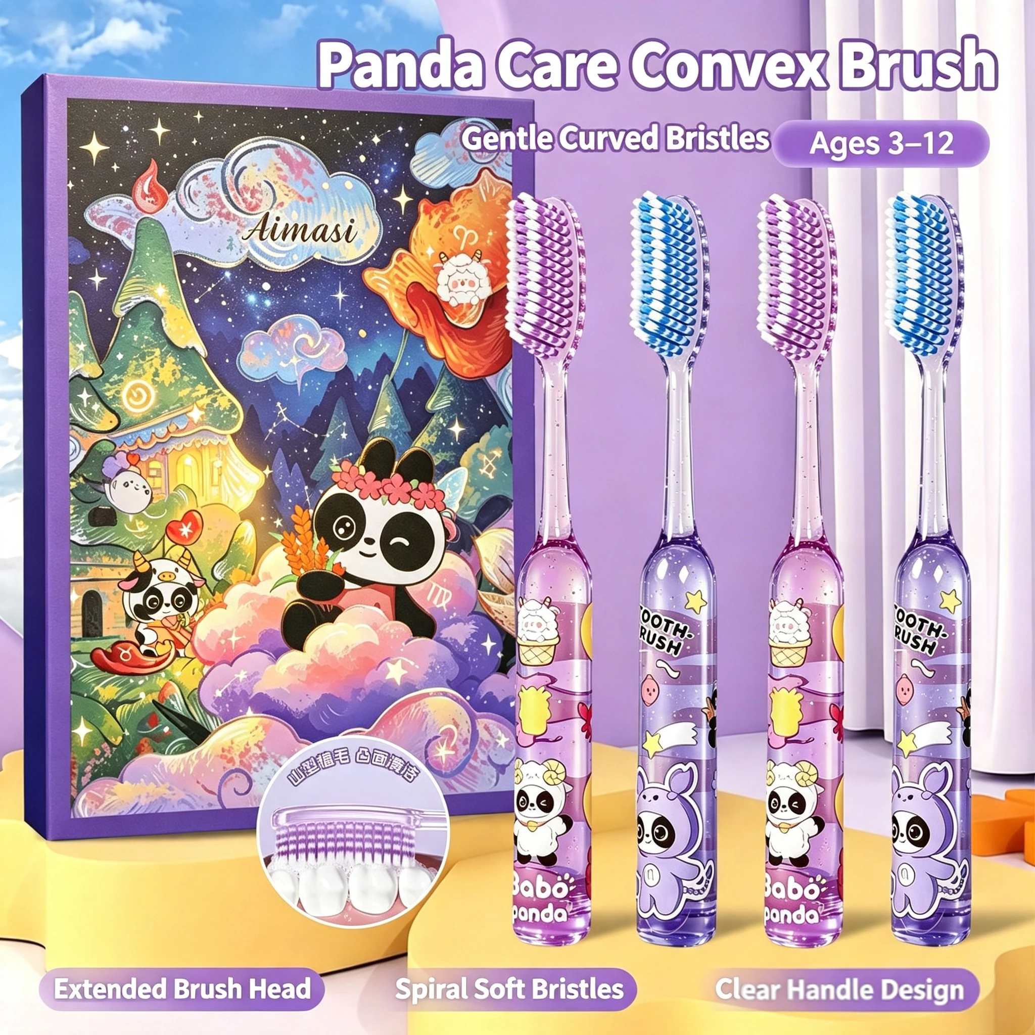 Children's Soft-Bristle Toothbrushes with Large Brush Heads, 4-Pack Gift Box, for Ages 3-6-8, Cartoon Design with Transparent Handle That Looks Like Crystal