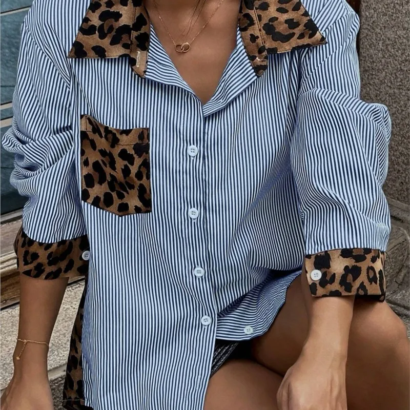 بلوزات الموضة الجديدة ليوبارد الربط فضفاضة عادية كم طويل بولو طوق قميص واحدة الصدر ركاب علوي فام الشارع الشهير