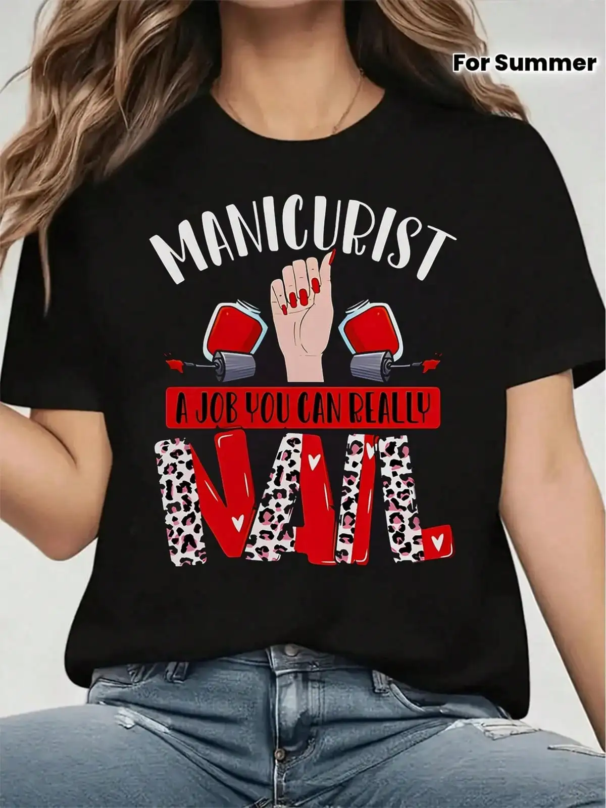 Fingertip Artist Red Nail Polish Bottle | Leopard Print Nail Lettering Manicurista JobYouCanReallyNail Letterprinting Ladies T-Shirt Casual Round Collar Spring And Summer Shirt Short Sleeve Soft Comfort Enjoy Discount Suitable For Easter, Halloween