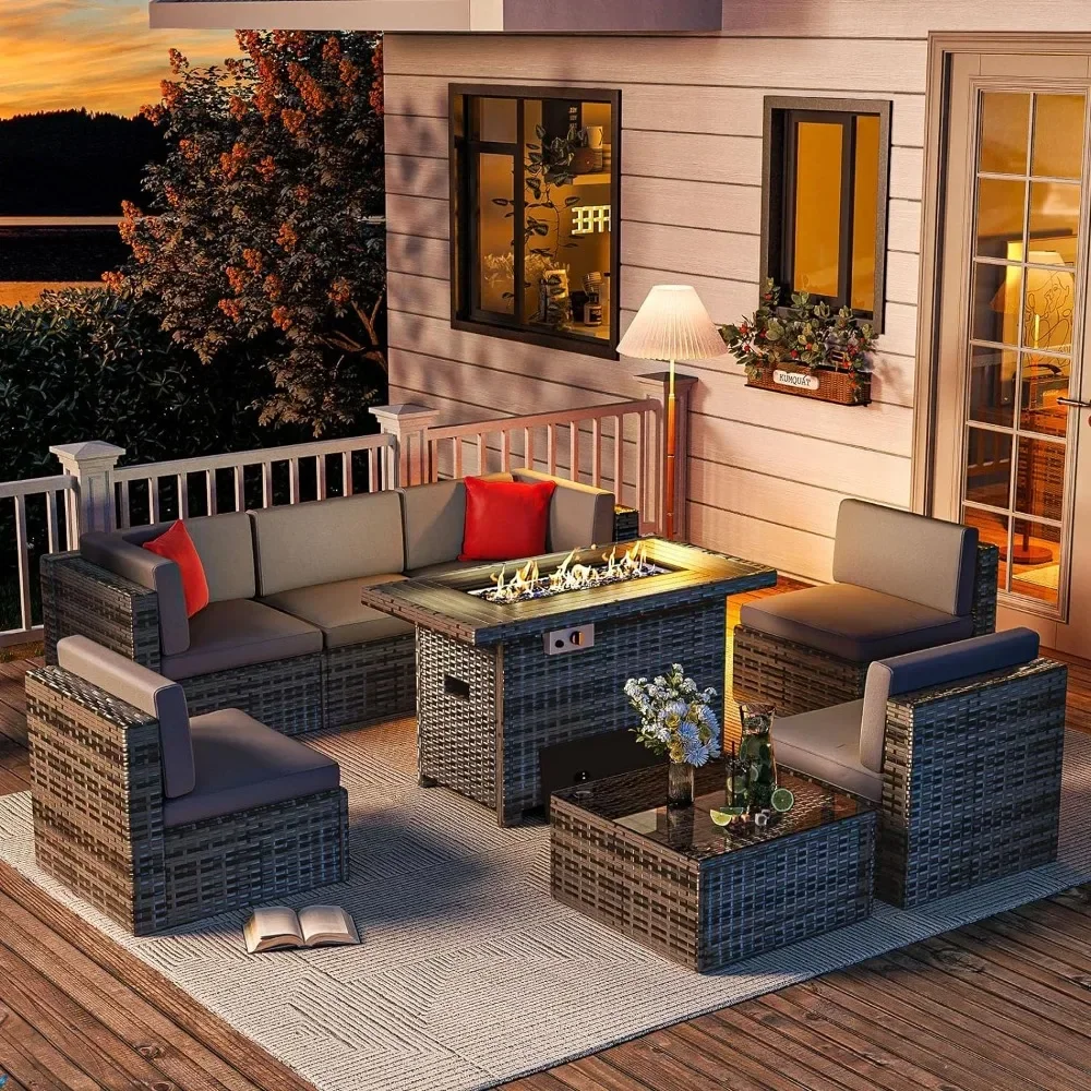 

Outdoor Patio 8 Pieces Set with 40" Fire Pit Table, Wicker Rattan Sectional Conversation Set with Coffee Table