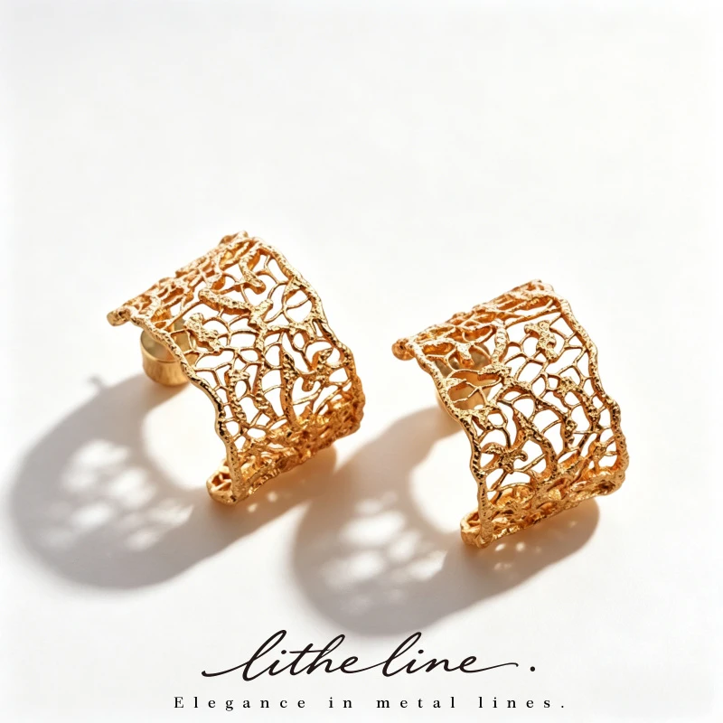 Litheline 24K Gold Plated Brass Lace Weave C-Hoop Earrings, Curved Open Design Lead-Nickel-Sensitive  Boho Jewelry