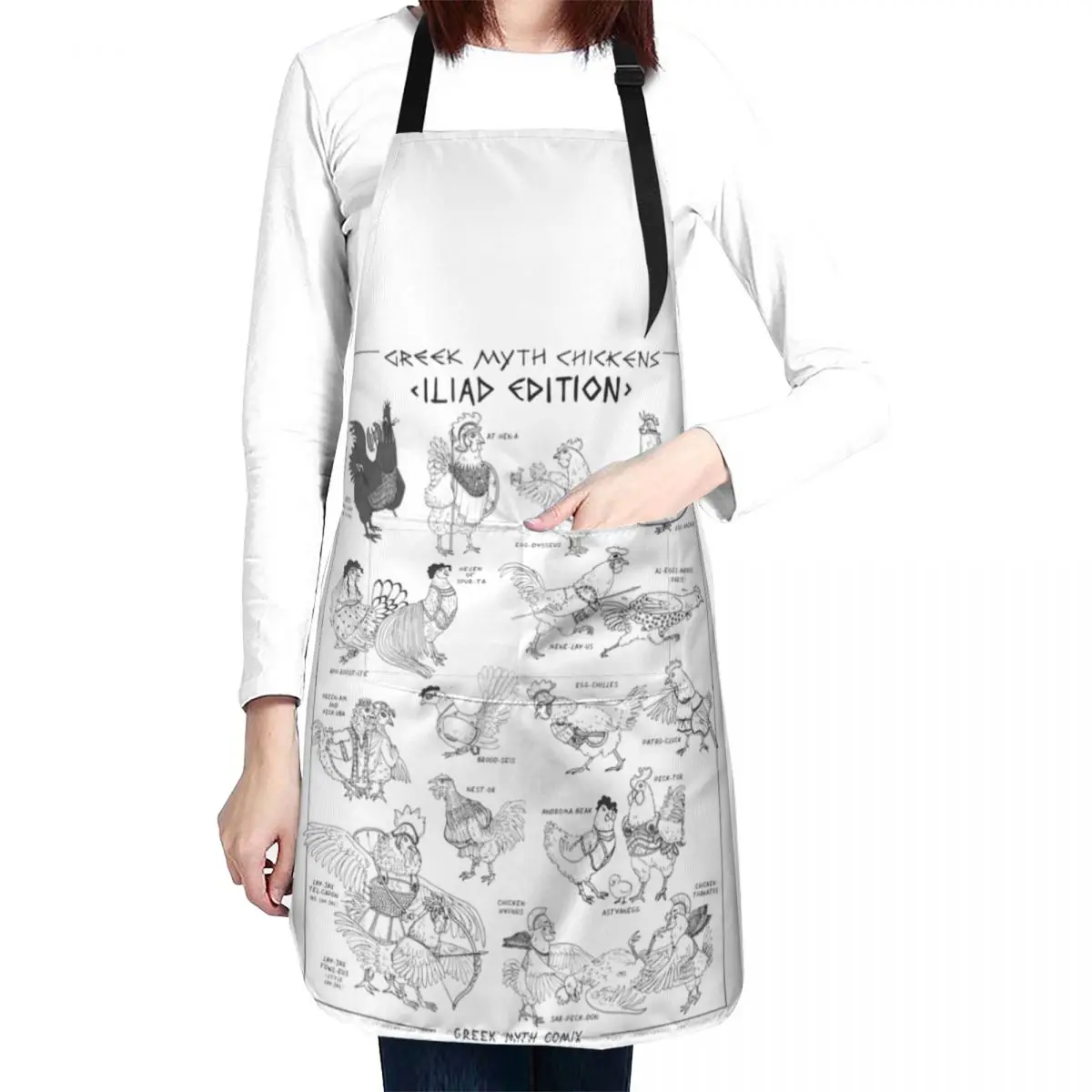 Greek Myth Chickens - Iliad Edition (black and white) Apron Funny Novelties Kitchen And Home Kitchen Things Cute Kitchen Apron