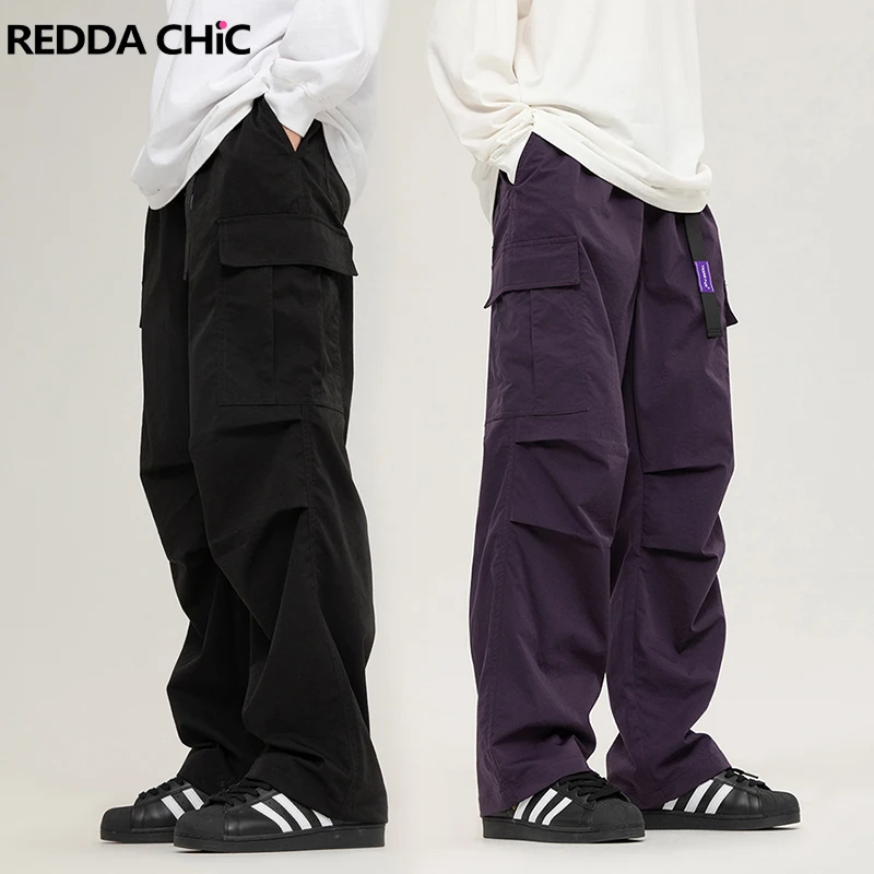 

REDDACHIC Belted Elastic Waist Cargo Pants for Men Patachwork Pockets Outdoor Sport Sweatpants Wide Leg Casual Pants WorkWear