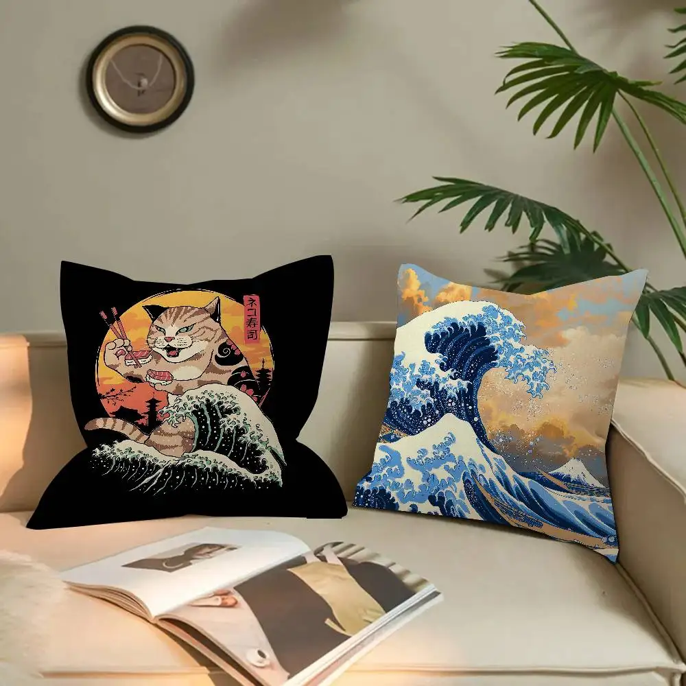 Japanese Wave Art Cushion Cover Pillowcase Upholstery Sofa Throw Pillow Home Decor Pillowcas