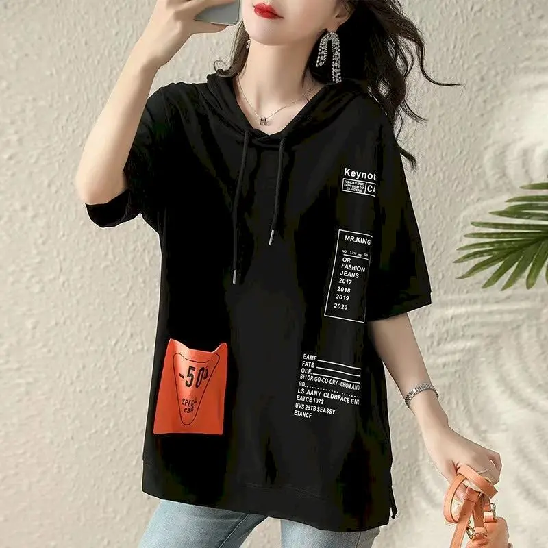 100% Cotton T Shirt Women Fashion Letter Print Pocket Patch T-shirt Korean Loose Hooded Short Sleeve Top Summer Oversized Tshirt