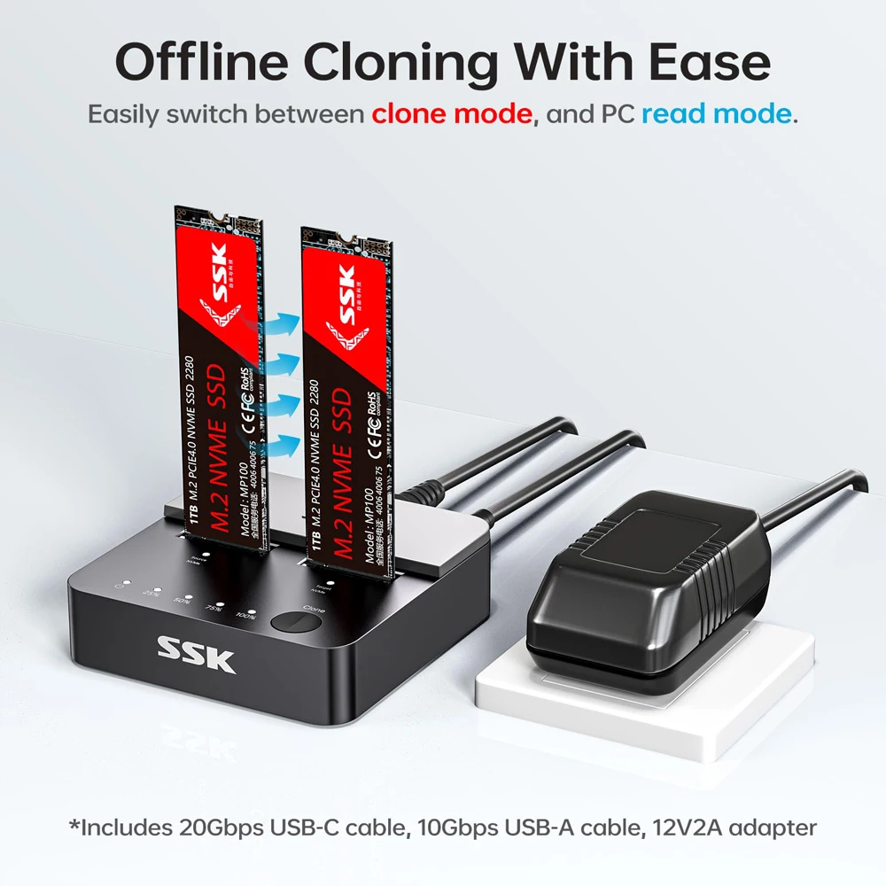 SSK NVMe SSD Cloner Dual-Bay M.2 NVME SSD Enclosure Tool-Free Type-C 20Gbps Hdd Docking Station Supports Offline Clone for PC