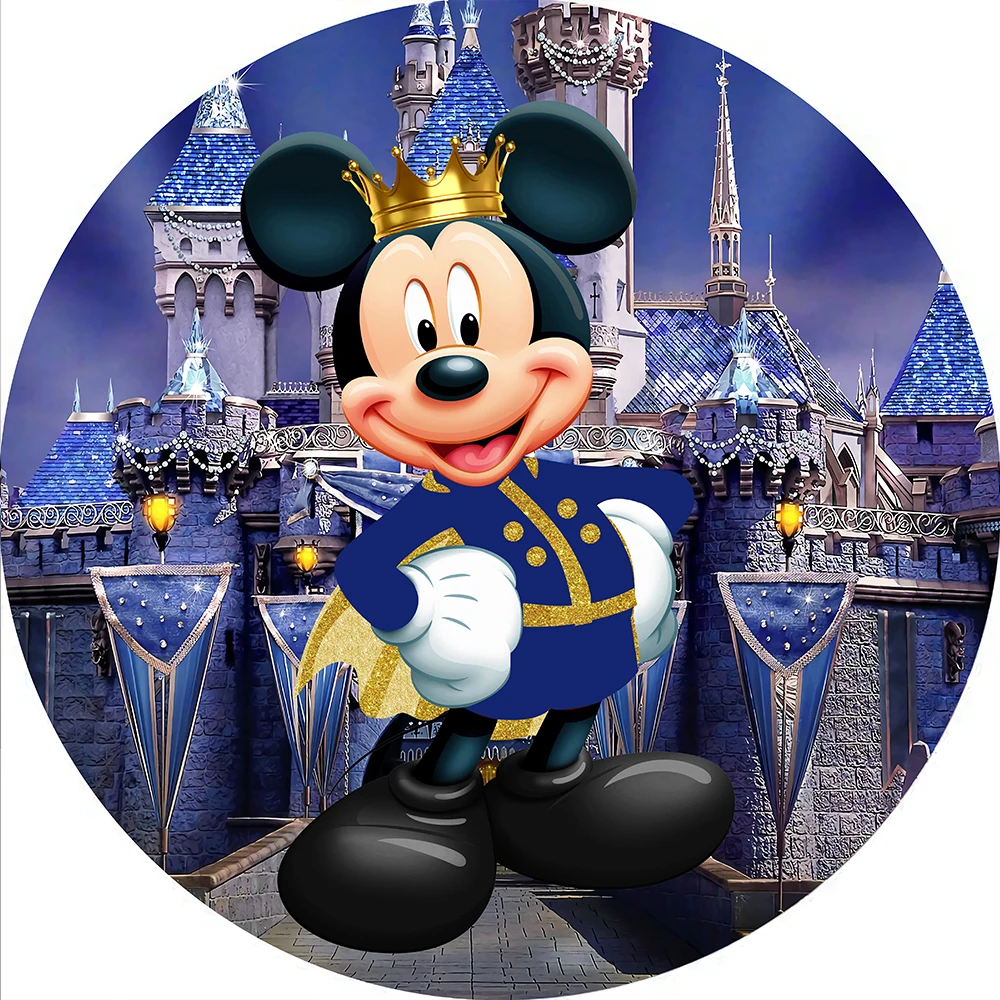 Disney Mickey Mouse Castle Crown Prince Round Circle Backdrop Kids 1st Birthday Party Decoration Customized Cylinder Background