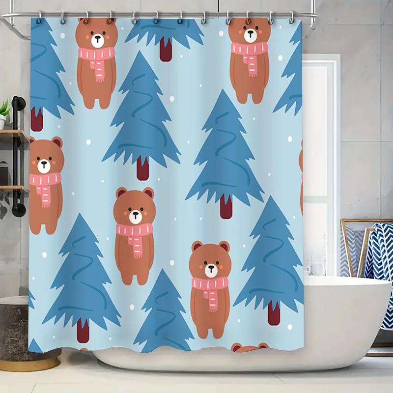 

Christmas Shower Curtain with Cartoon Bears Pattern Blue Pine Trees Snow White Bath Rug Set for Home Decoration (Blue)
