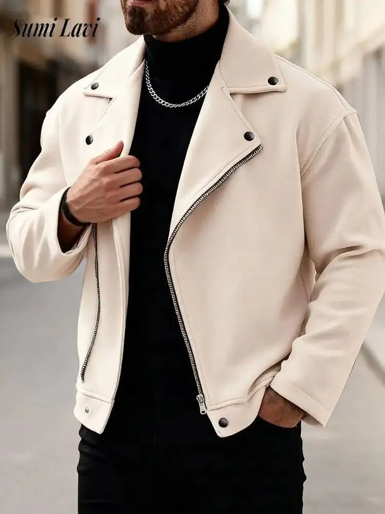 

Fashion Outerwear Mens Casual Woolen Blend Jacket 2026 Autumn Winter Vintage Lapel Zipper Jackets Men Slim Moto Biker Coats