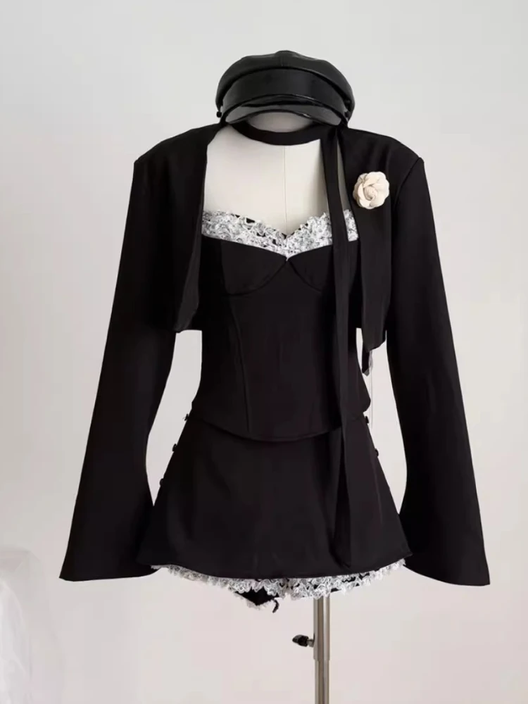 

Французский модный элегантный повседневный комплект из 3 предметов, женское дизайнерское винтажное пальто + топы Y2k + юбка, уличная одежда в стиле Харадзюку, популярная корейская одежда