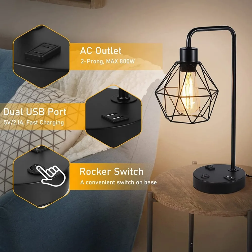 2x مصباح مكتبي صناعي عتيق مصباح طاولة بجانب السرير اديسون 2 منافذ USB مخرج تيار متردد