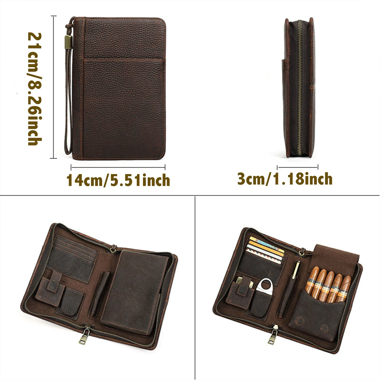 Vintage Portable Cigar Travel Humidor Case with Cigar Cutter Holder Multi-Function Card Storage Wallet Bussiness Gift for Men