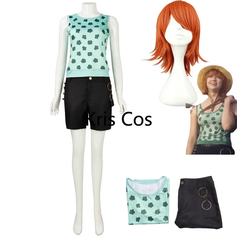 

FC6Live Action Movies Nami Cosplay Costume Cat Burglar Daily Wig Green Printing T-shirt Uniform Woman Sexy Christmas Carniv@FC8！