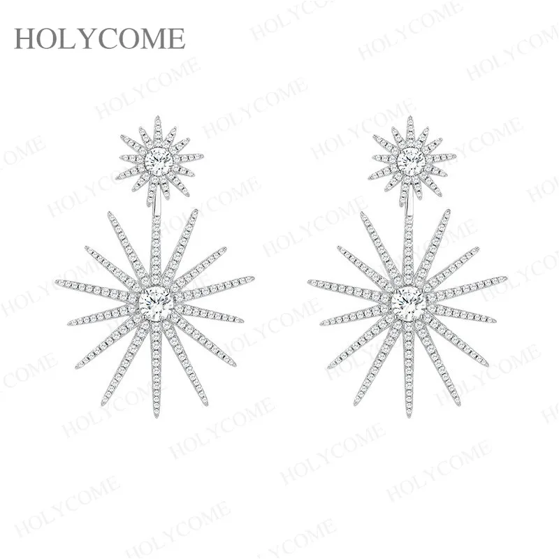 925 Sterling Silver Double Starburst D VVS1 Moissanite Dangle Earrings, Two Star Long Drop Sparkling Women Evening Fine Jewelry