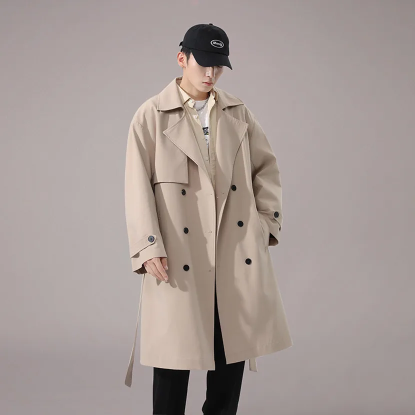 

Мужское длинное пальто цвета хаки свободного кроя, двубортное, с отложным воротником, повседневная верхняя одежда, модная корейская ветровка-куртка