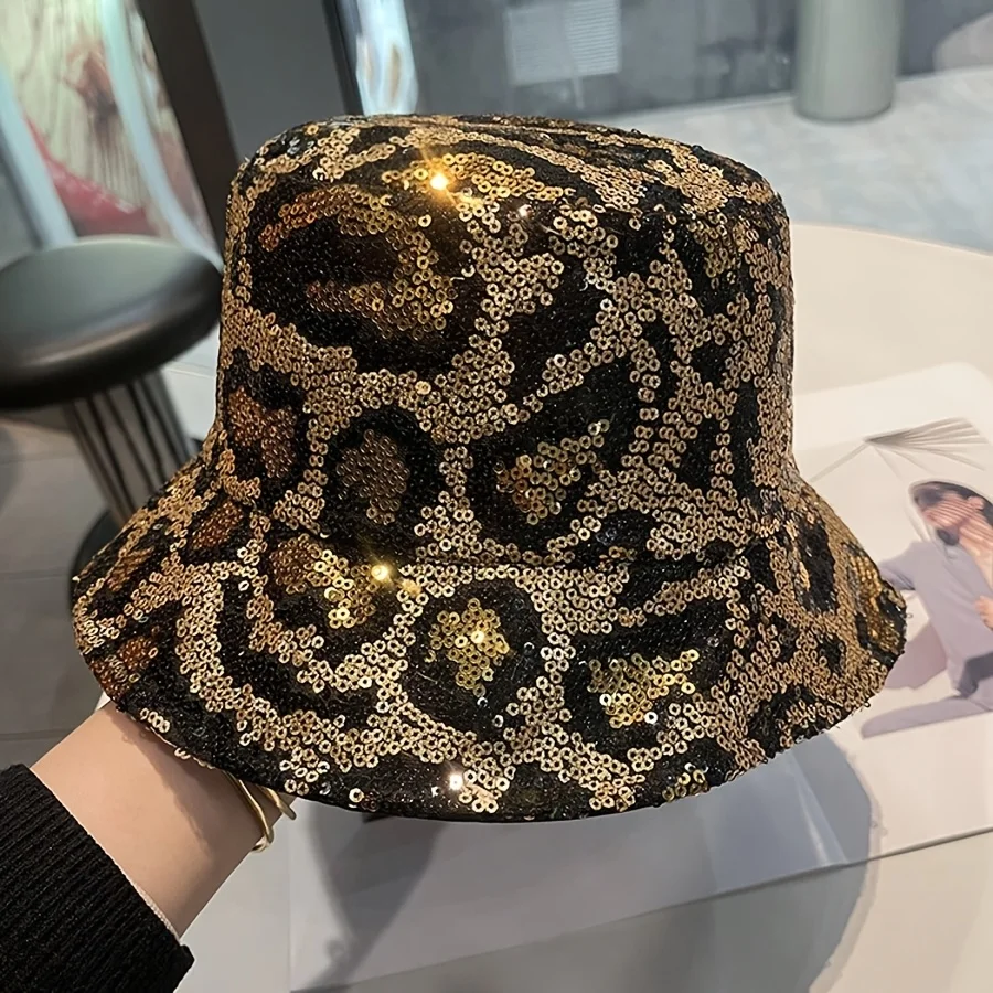 1 Piece Women's Reversible Sequined Leopard Print Bucket Hat, Korean Style, Soft and Breathable Polyester Fiber, Delicate Stitching, Foldable and Lightweight, Sun Protection and Uv Protection, Suitable for Spring and Autumn Daily Outings, Travel, Outdoor Activities, Parties, Etc.; Casual Bucket Hat