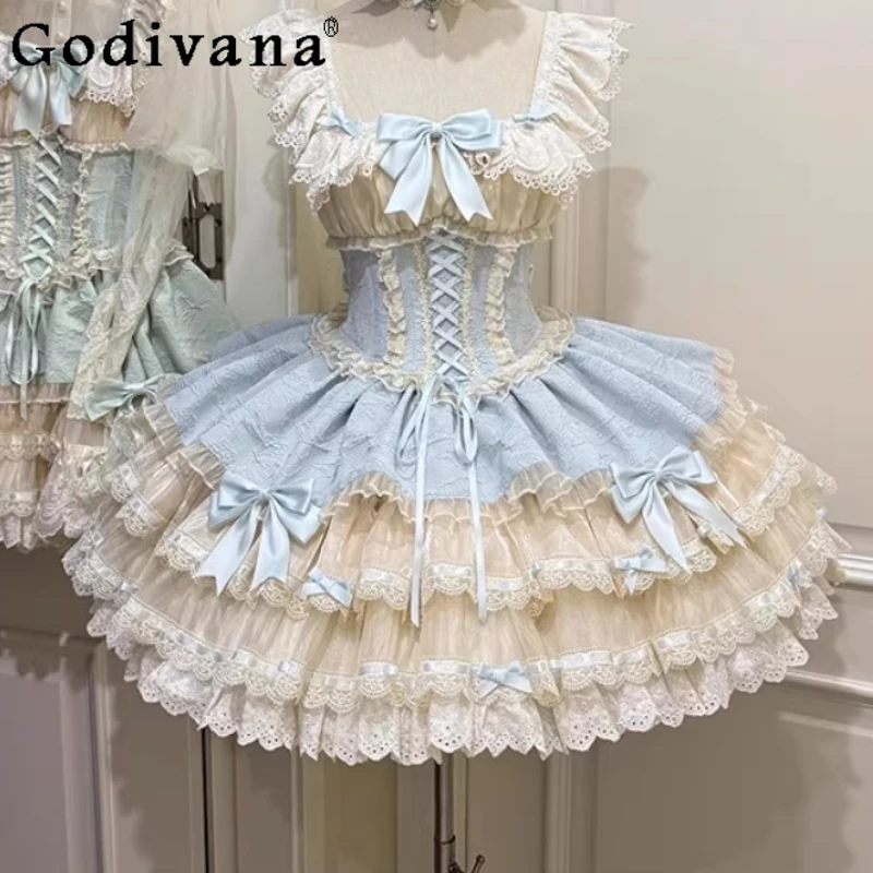 

Blue Cute Girl Ballet Cake Dress Women's Japanese Style Jsk Sweet Lolita Dress Female Princess Bow Dress with Hat Necklace