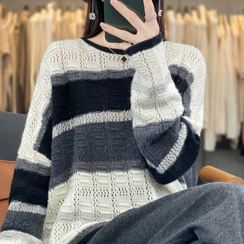 Stripe contrast hollowed-out 100% pure sweater women's autumn and winter loose large-size pullover sweater design sense knit top