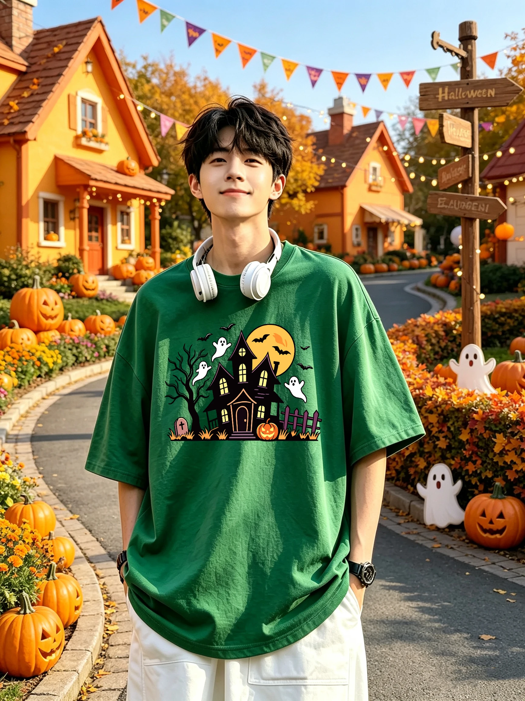 Haunted House Halloween Printed Men Daily Street T Shirt Cotton O-Neck T-Shirt Summer Loose Clothes All-Match Jogging Streetwear