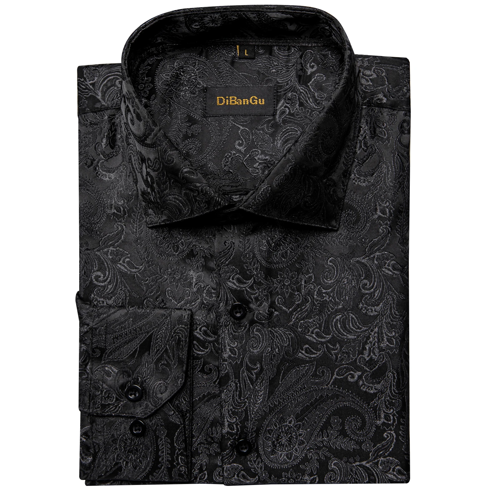 DiBanGu Silk Polyester Dress Shirts for Men Black Solid Paisley Red Silver Long Sleeve Turn Down Collar Prom Social Men\'s Shirt