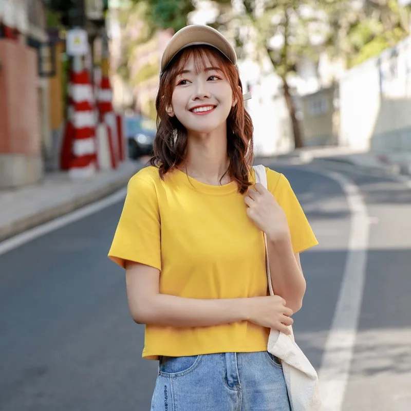 تي شيرت نسائي صيفي 2024 ort Sve ذو لون نقي كوري Sle ort طول متعدد الاستخدامات لون الحلوى قاعدة irt زر البطن E... #4