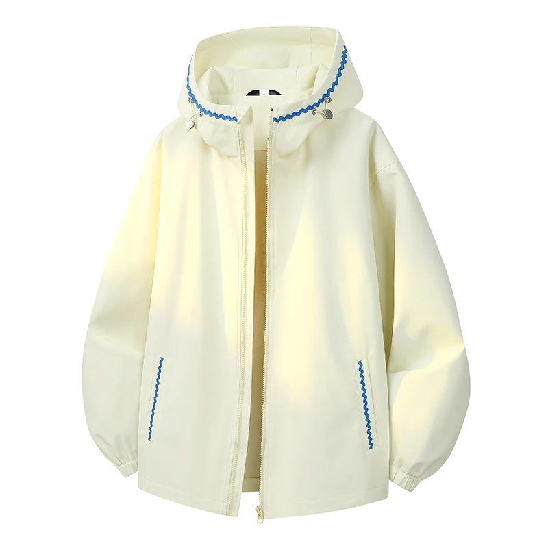Women Casual Hooded Jacket Wave Stitching Decor Zip‑up Loose Windbreaker Coat Drawstring Hood Outerwear S‑3XL
