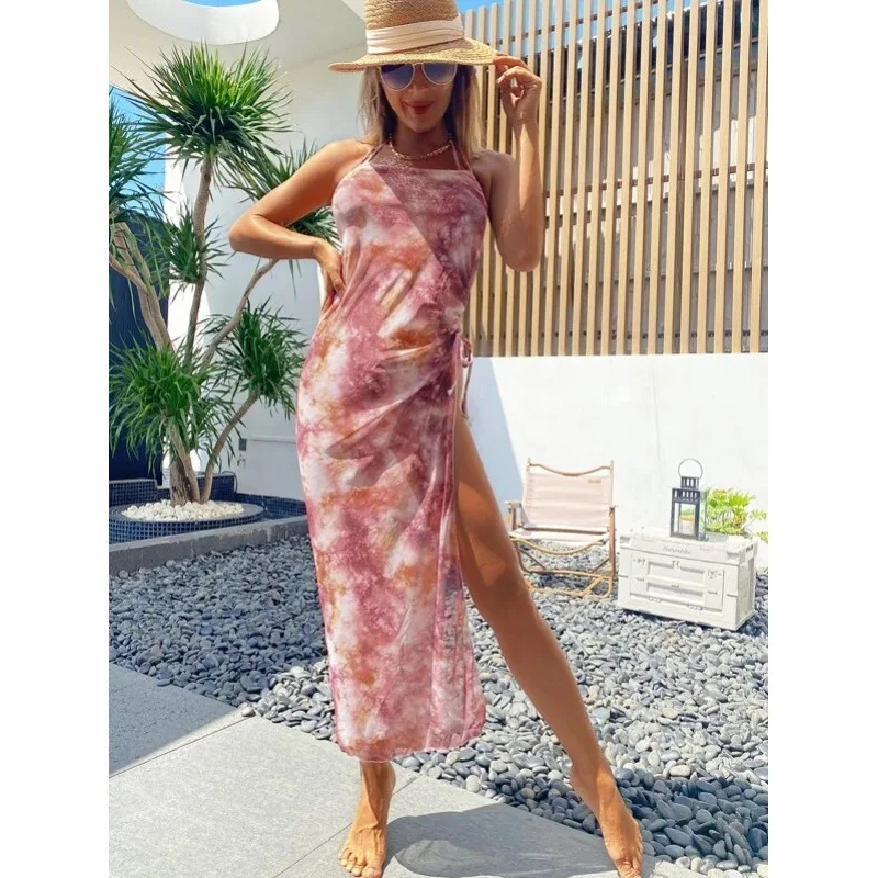 Women 3‑Piece Bikini Swimsuit Halter Cut‑Out Bathing Suit Tie‑Dye Sheer Side‑Slit Drawstring Maxi Cover‑Up Dress Beach Swimwear