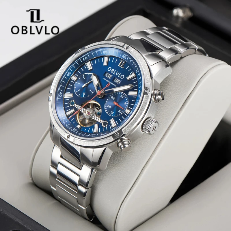 OBLVLO Mens Automatic Mechanical Watches Casual Business Man Watches Date Calendar Waterproof Blue Dial Stainless Steel Clock