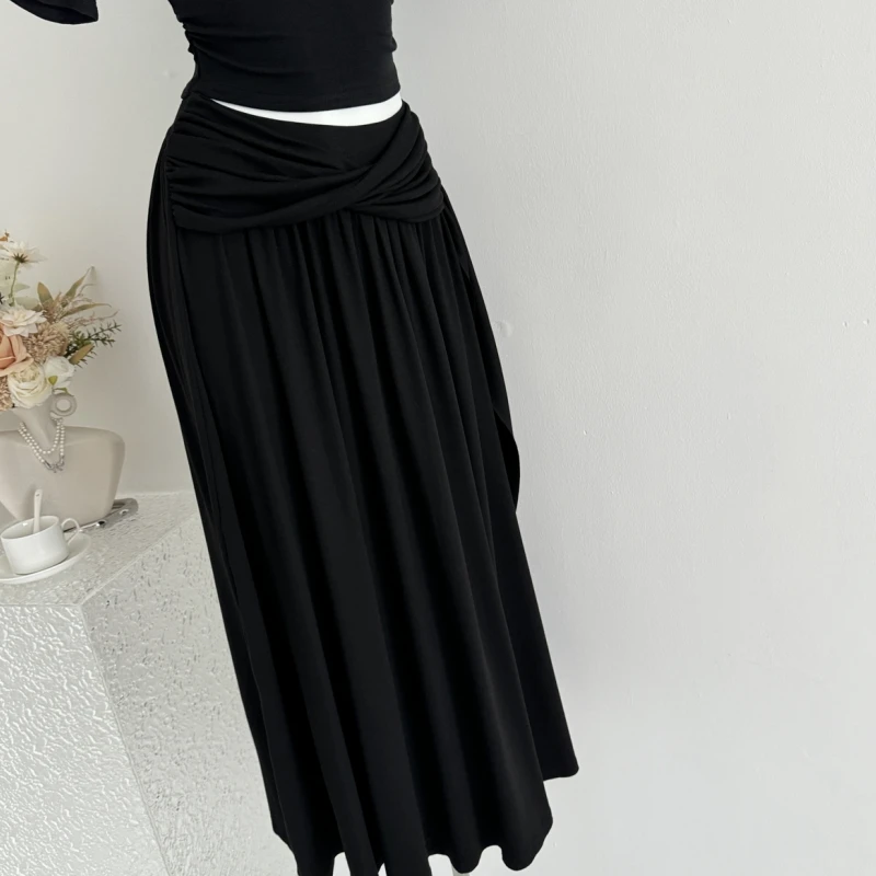 Qiukichonson bandagem design algodão maxi saia longa feminina 2025 francês vintage outono inverno cintura alta plissado saias plissadas