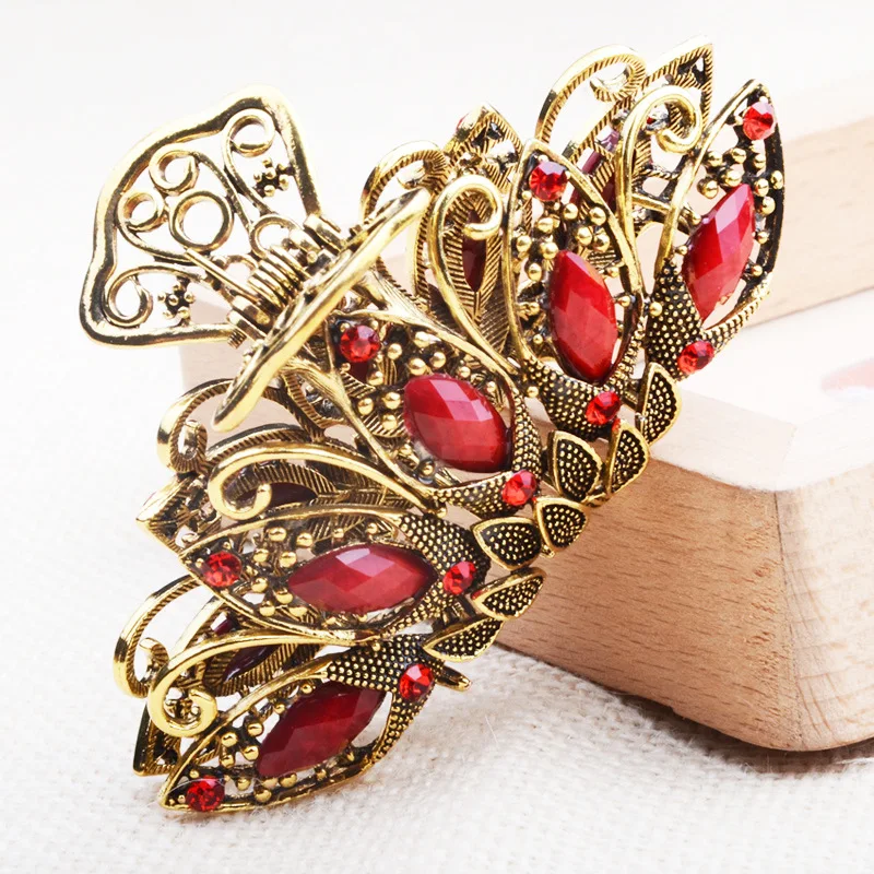 NEW Vintage Crystal Resin Flower Hair Claw Crab Jewelry  Peacock Clip Women Banquet Hairpin Accessories