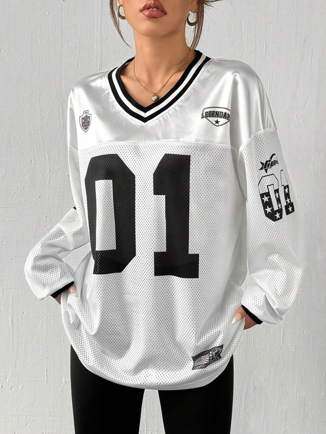 European American Digital Printed Loose Long Sleeved Jersey for Women 2026 Comfortable Loose Basic Pullover V-neck Casual Tops
